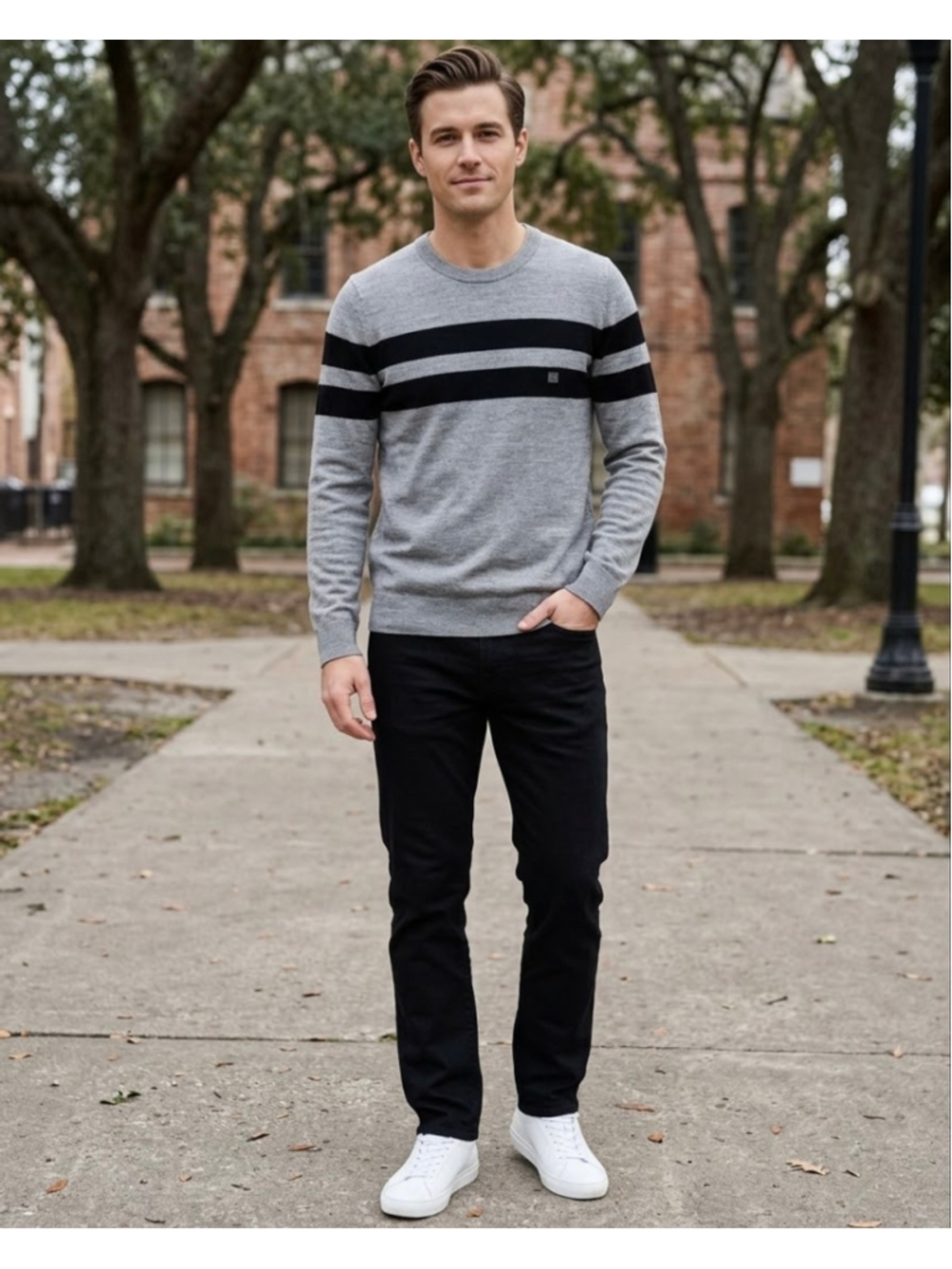 NEW Express Men’s Sweater Crewneck Size M Tall Grey Black Striped Merino Wool